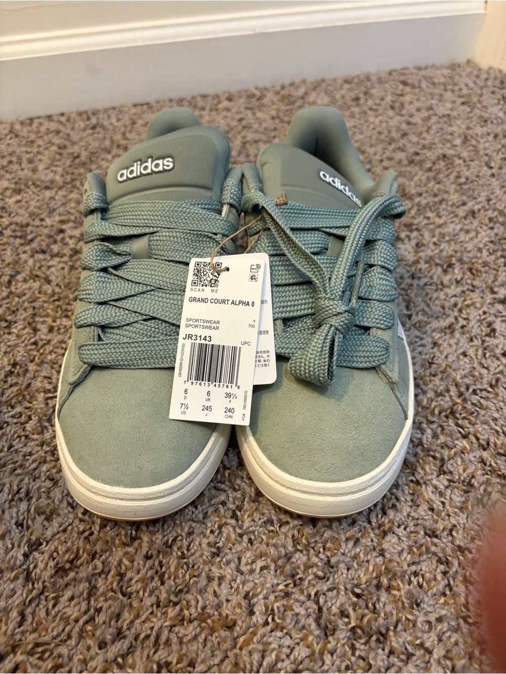 Adidas Woman’s 7.5 Youth 6.5 Grand Court Alpha 00 Sage Green Cloud White